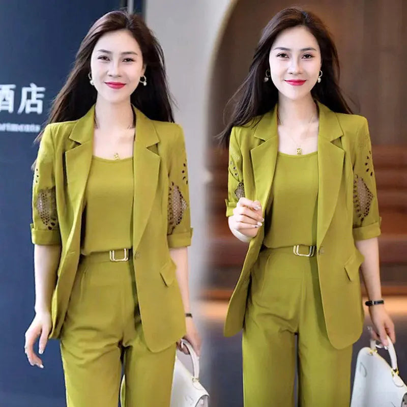 2023 Autumn Fashion: Elegant Vintage Hollow Short Sleeve Jacket and Casual Pants Three-Piece Women's Suit for the Office