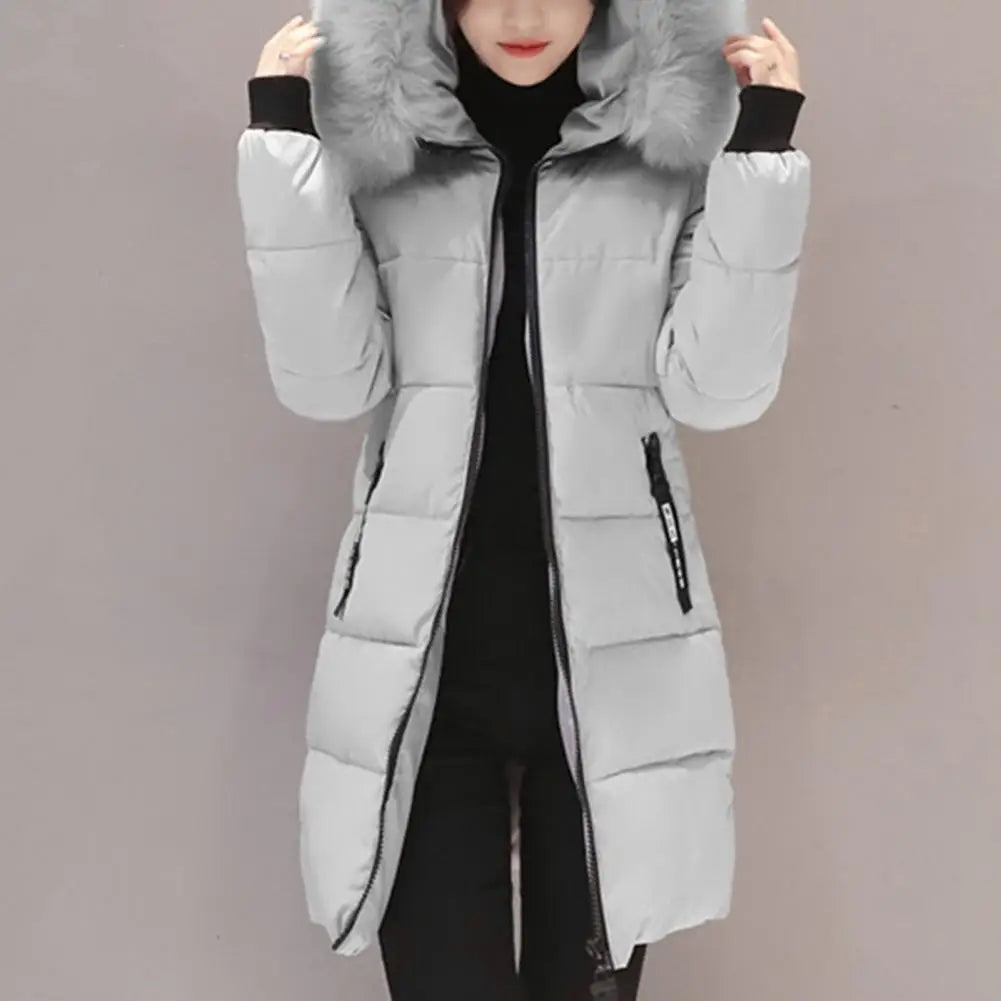 Women Winter Cotton Coat Hooded Mid Length Outerwear Windproof Warm Long Sleeve Jacket Solid Color Slim Fit Lady Down Coat