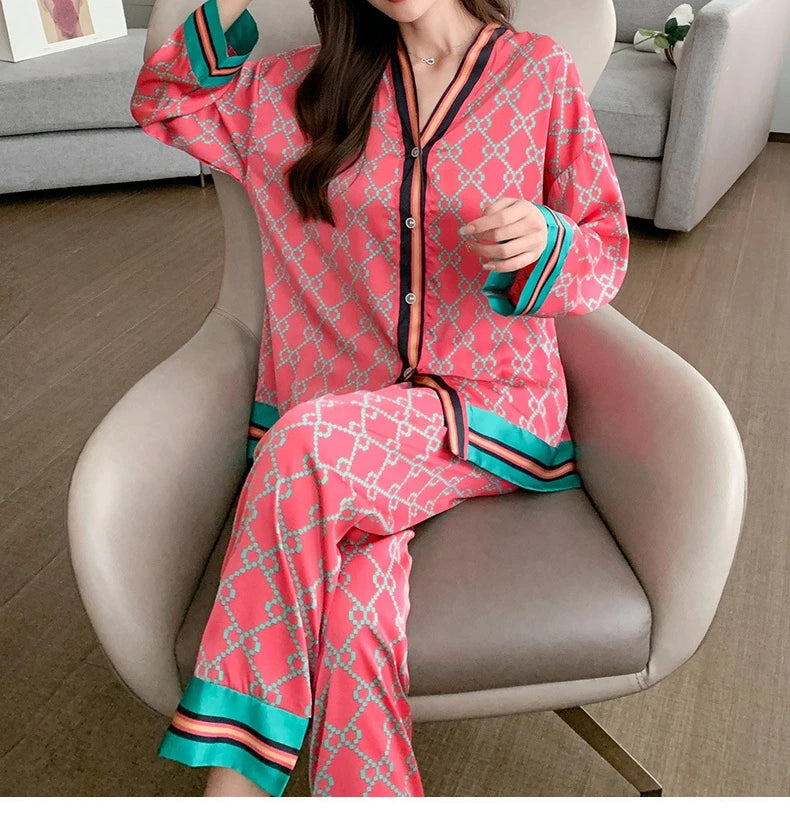 Ladies Pajamas Spring Autumn Faux Silk Pajama Sets Long Sleeve Cardigan Sleepwear Luxury Women's Pijamas Fashion Pyjamas