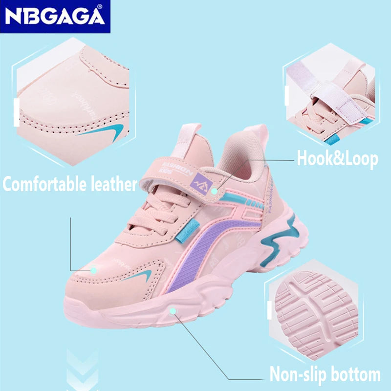 Pink leather shoes for girls aged 7-15, lightweight and fashionable, suitable for casual wear and sports activities. Brand: NBGAGA