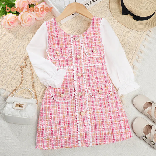 Bear Leader Girls' Dress 2023 Autumn New Girls' Round Neck Plaid Lace Button Long Sleeve Dress Girls' Fashion Patchwork Dress