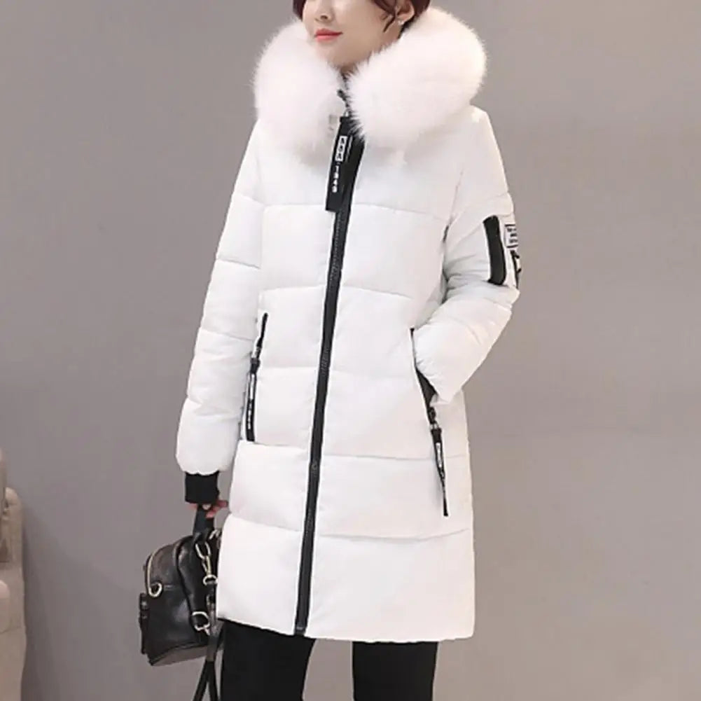 Women Winter Cotton Coat Hooded Mid Length Outerwear Windproof Warm Long Sleeve Jacket Solid Color Slim Fit Lady Down Coat