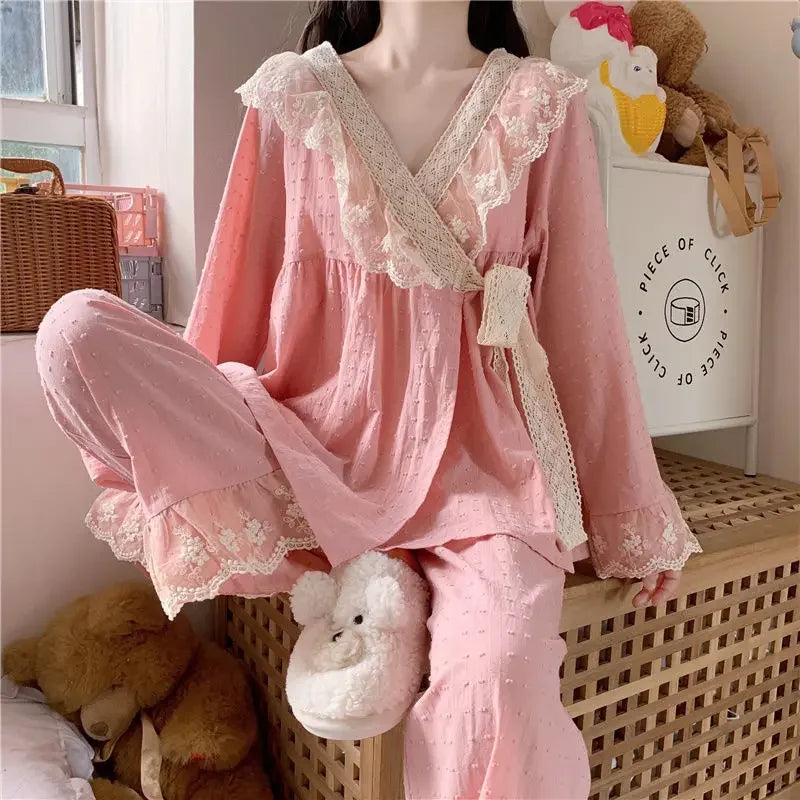 New V-neck Tied Pajama Set for Women Spring Autumn Tops Long Sleeved Pants Lace Lace Pajamas