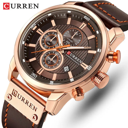 CURREN Men's Leather Sports Watch: Army Military Quartz Chronograph Wristwatch for Men