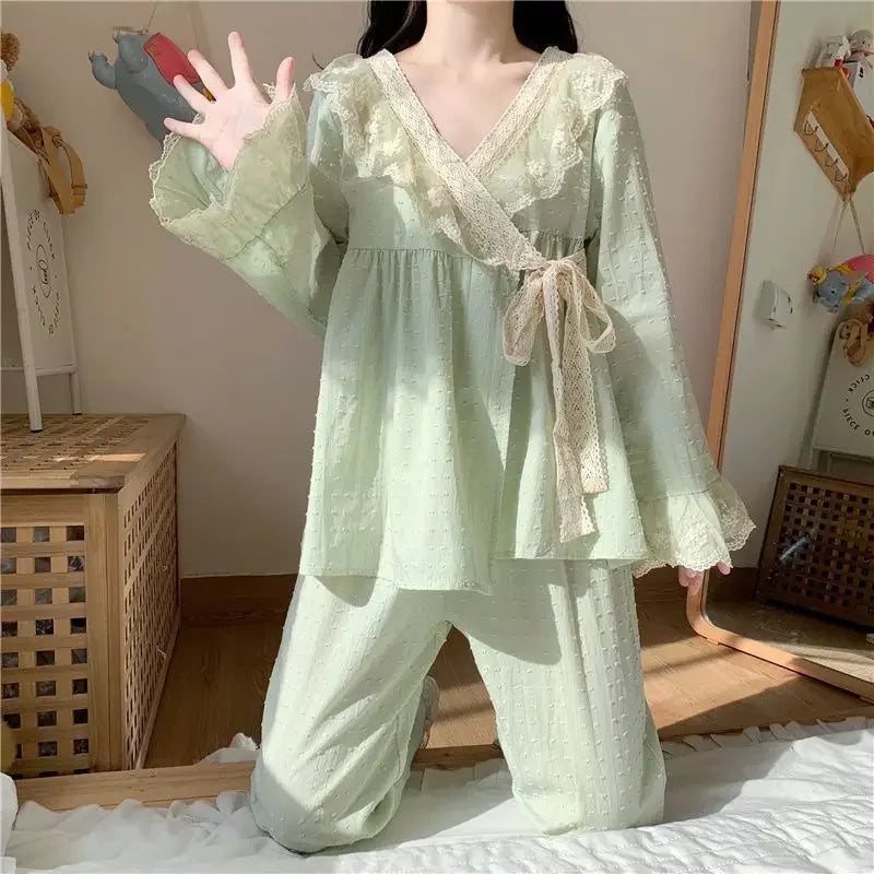 New V-neck Tied Pajama Set for Women Spring Autumn Tops Long Sleeved Pants Lace Lace Pajamas