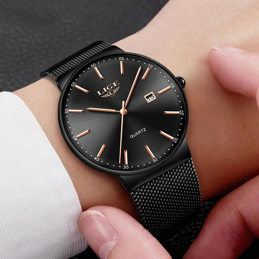 LIGE Men's Fashion Ultra Thin Waterproof Quartz Wristwatch with Date Display for Business