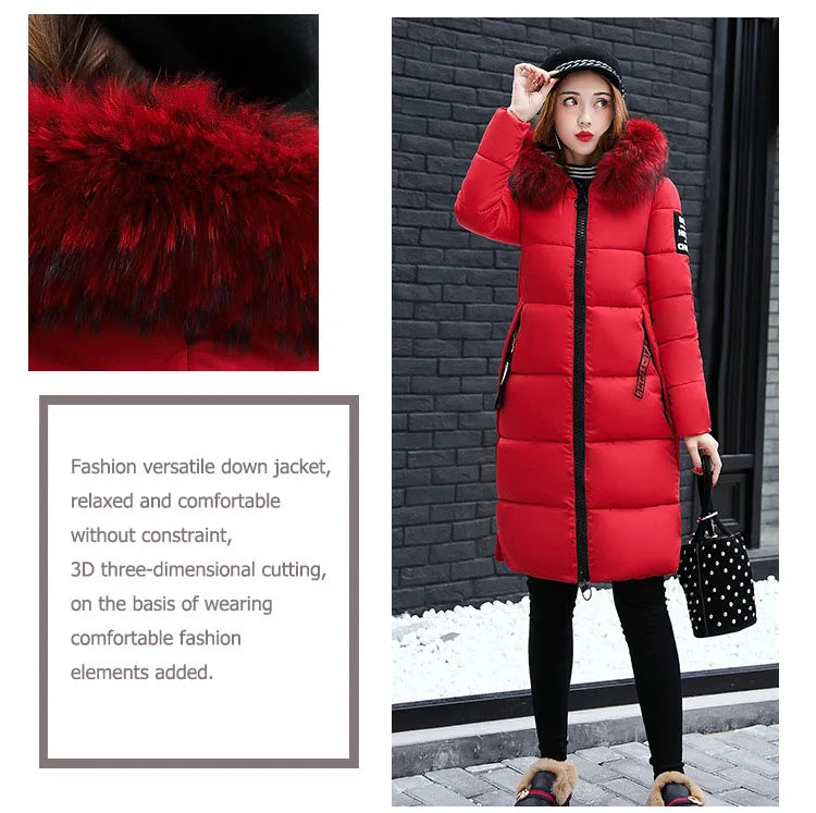 2024 Women's Down Parkas Winter Jacket Big Fur Collar Thick Slim Coat Fashion Hooded Cotton Outerwear Long Autumn Woman Jacket