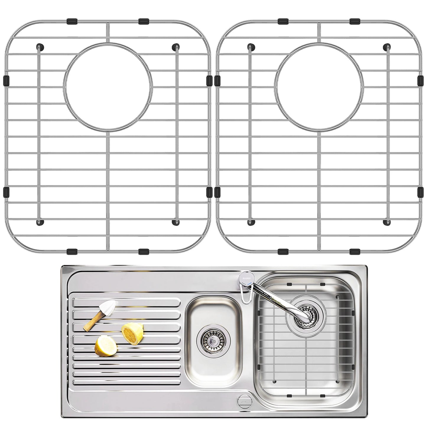 2Pcs Kitchen Sink Grid Stainless Steel Sink Protectors Double Bowl Sink Bottom Grid with R50 Corner Large Sink Protectors Grid