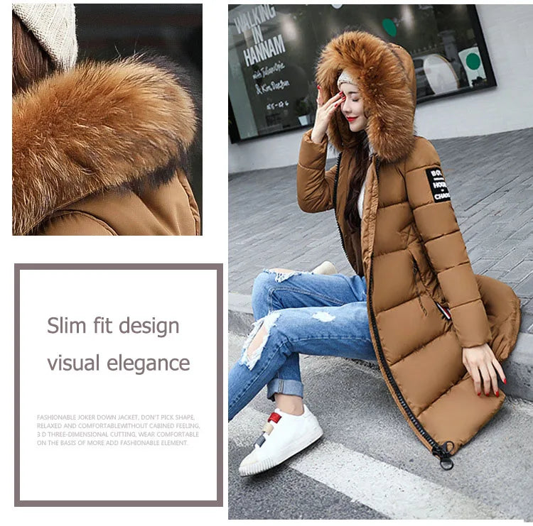 2024 Women's Down Parkas Winter Jacket Big Fur Collar Thick Slim Coat Fashion Hooded Cotton Outerwear Long Autumn Woman Jacket