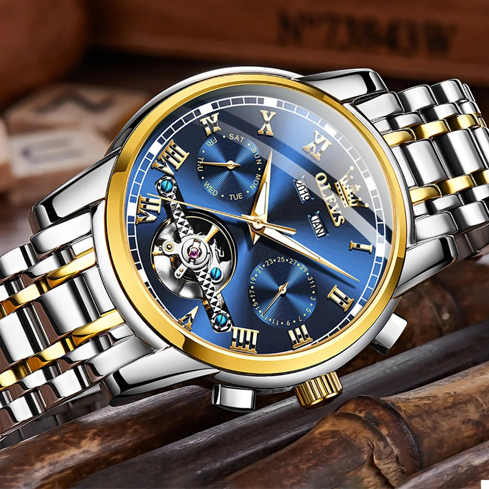 OLEVS Men's Automatic Mechanical Business Wristwatch: Waterproof, Stainless Steel Strap, Skeleton Calendar.