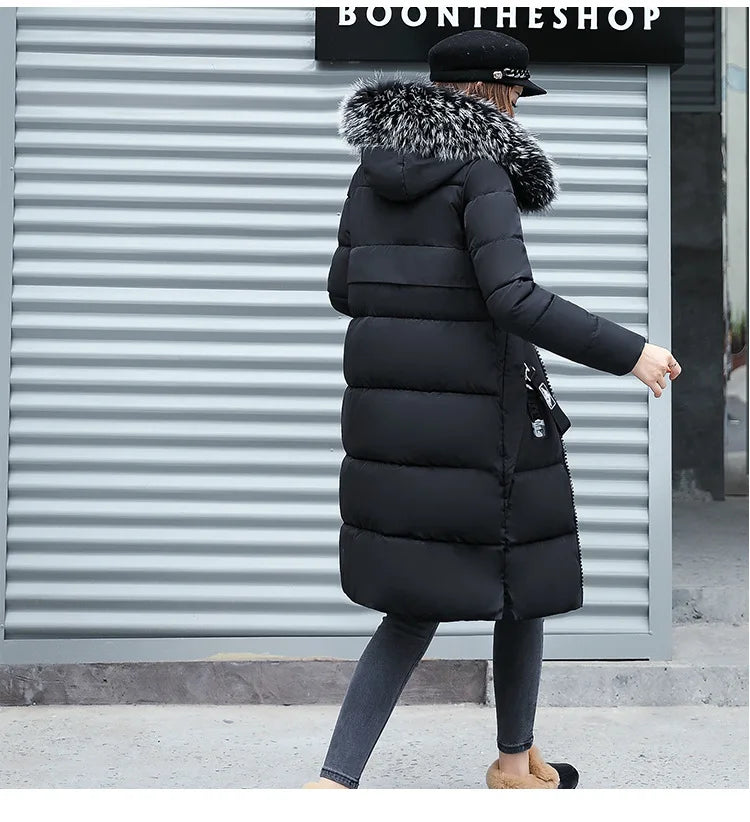 2024 Women's Down Parkas Winter Jacket Big Fur Collar Thick Slim Coat Fashion Hooded Cotton Outerwear Long Autumn Woman Jacket