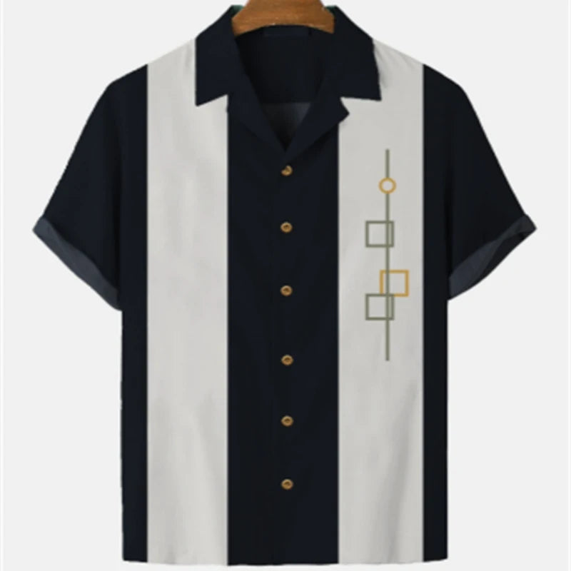 Men's Striped Elegant Blouse with Colorful Print, Ideal for Casual or Social Events. Featuring Short Sleeves and Oversized Fit, Complete with Fashionable Cufflinks