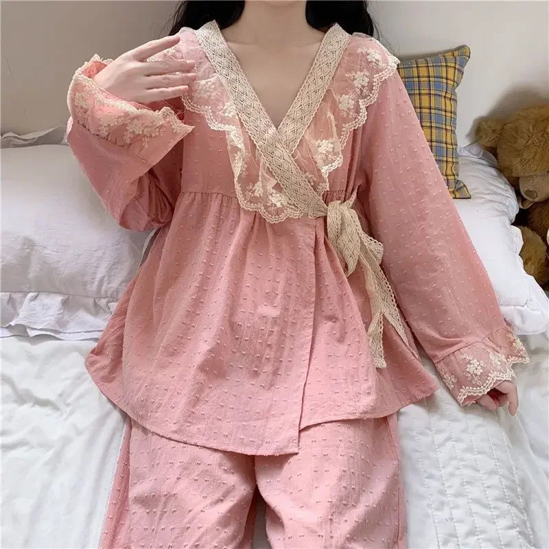 New V-neck Tied Pajama Set for Women Spring Autumn Tops Long Sleeved Pants Lace Lace Pajamas