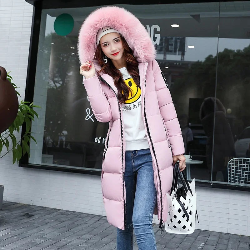 2024 Women's Down Parkas Winter Jacket Big Fur Collar Thick Slim Coat Fashion Hooded Cotton Outerwear Long Autumn Woman Jacket