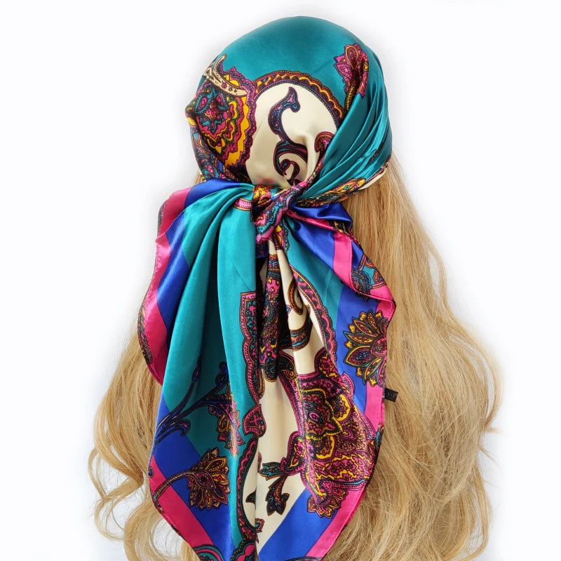 New 90x90cm silk scarf for women, versatile for all seasons. Elevate your style with this vintage-inspired headwrap, also suitable as a hair scarf, hijab, or bandana