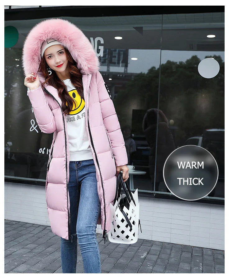 2024 Women's Down Parkas Winter Jacket Big Fur Collar Thick Slim Coat Fashion Hooded Cotton Outerwear Long Autumn Woman Jacket