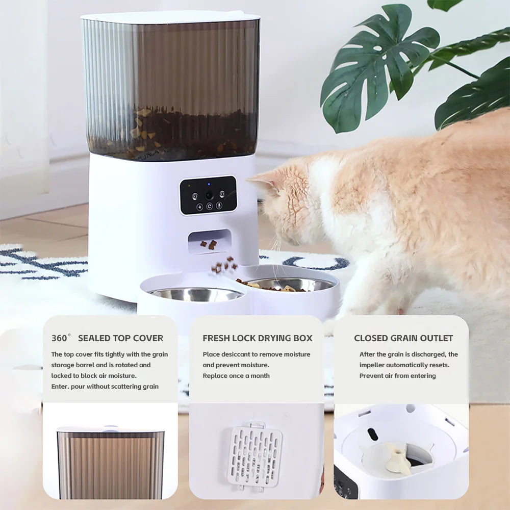 5L Double Bowl Automatic Cat Feeder with WiFi, Voice Recorder, for Cats/Dogs