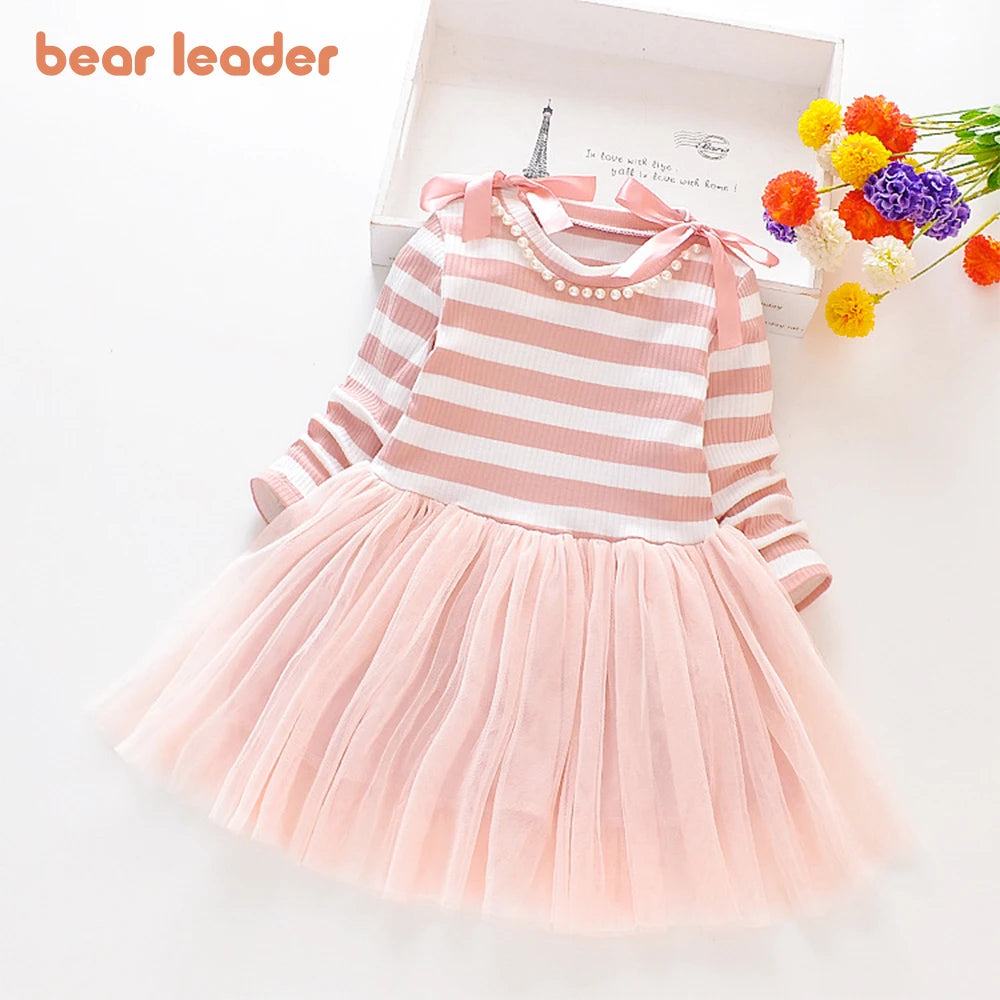 Bear Leader Girls' Dress 2023 Spring&Autumn Fall New Striped Long-sleeved Shoulder Bow Patchwork Mesh Dress Striped Bow Design