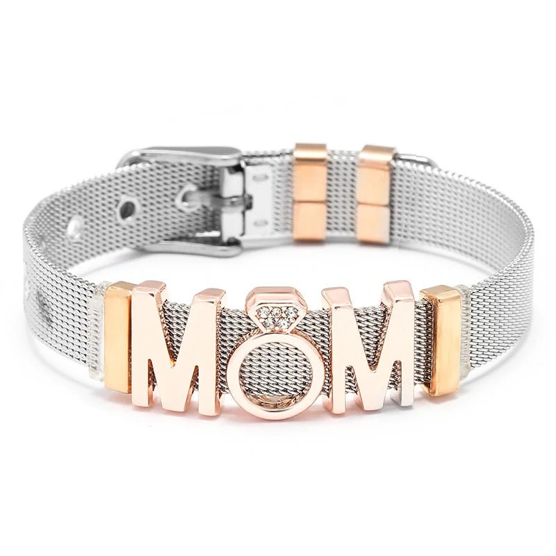 TOGORY Fashion Ladies Stainless Steel Mesh Bracelets Crystal MoM Charms Fine Bracelet Adjustable Bracelet for Mother's Day Gifts