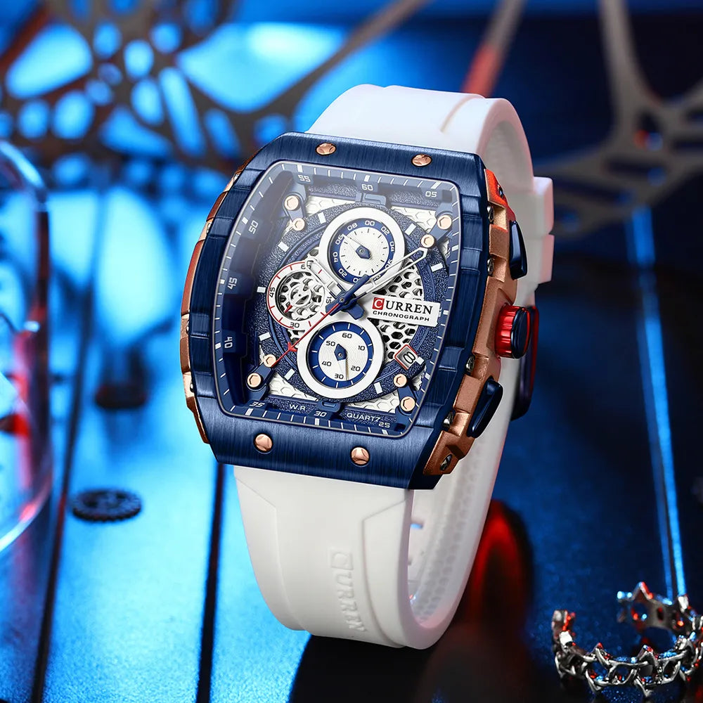 Luxury square quartz wristwatch for men with luminous chronograph and date function, waterproof