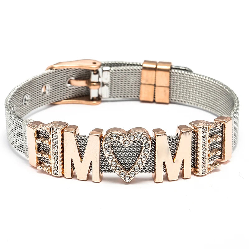 TOGORY Fashion Ladies Stainless Steel Mesh Bracelets Crystal MoM Charms Fine Bracelet Adjustable Bracelet for Mother's Day Gifts