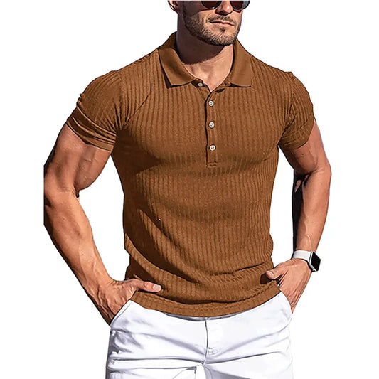 New Summer Men's Polo: Solid Stripe Design, Elasticity, Short Sleeve, Fashion Stand Collar Shirt for Men