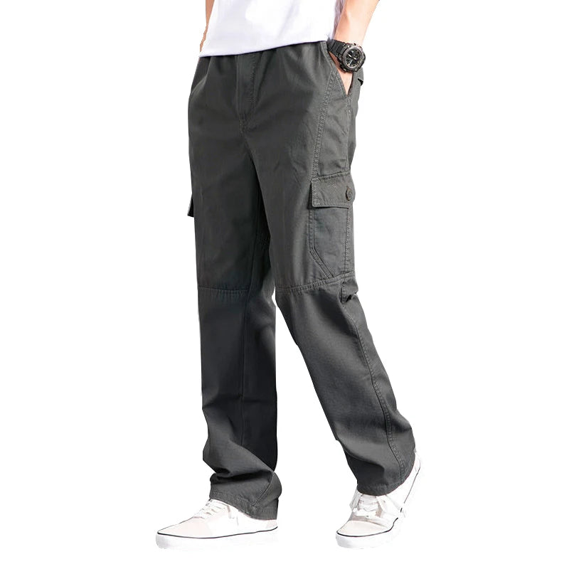 Men's Loose Straight Cargo Pants in Solid Grey, Ideal for Work or Casual Wear. Black Joggers with Versatile Styling