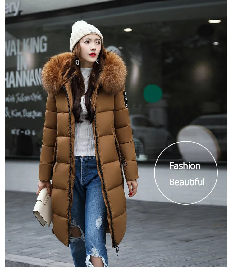 2024 Women's Down Parkas Winter Jacket Big Fur Collar Thick Slim Coat Fashion Hooded Cotton Outerwear Long Autumn Woman Jacket