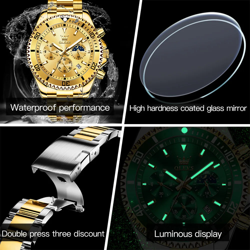 OLEVS Luxury Golden Moon Phase Quartz Men's Watch, Fashionable, Waterproof, High-end Brand