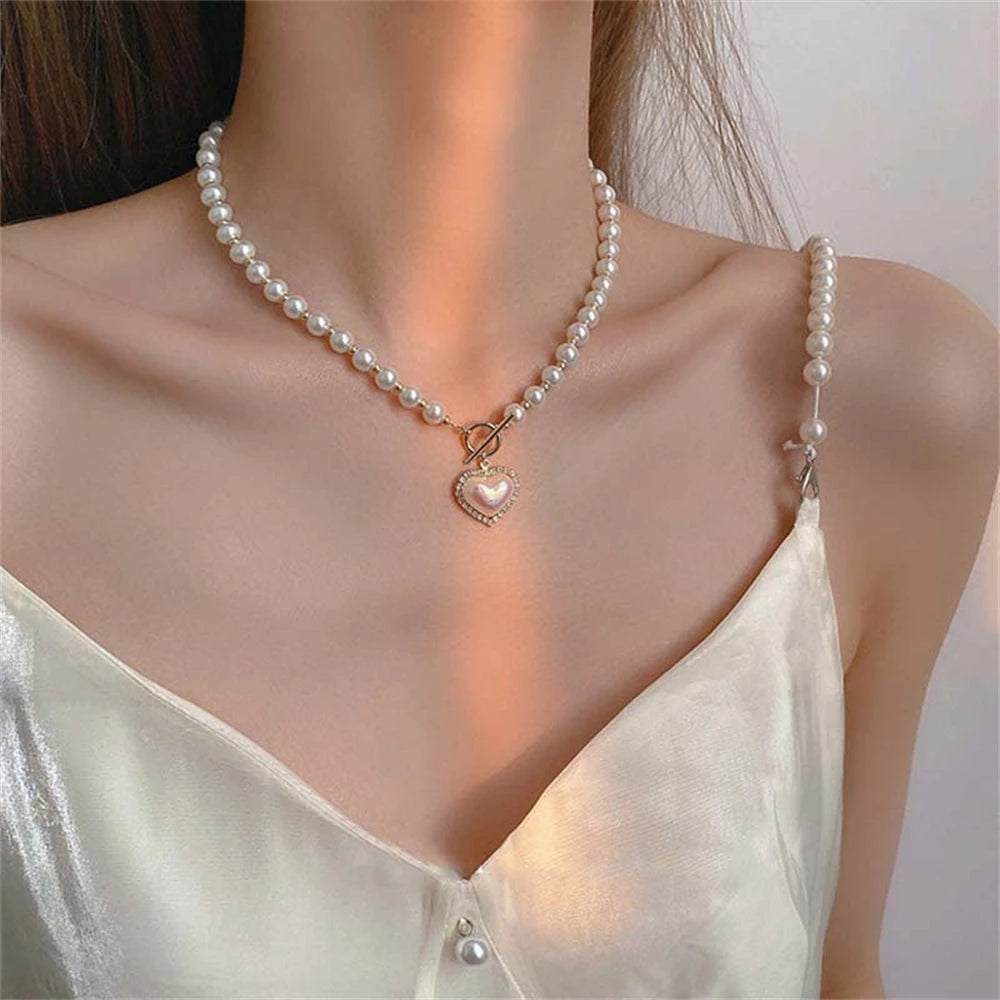 Stylish Simulated Pearl Heart Pendant Choker Necklace - Perfect for Women's Party Jewelry or Valentine's Day Gif