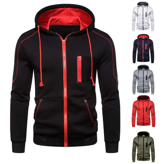 Men's color block fleece hoodie in black, white, army green, and red. Perfect for cool casual winter wear.