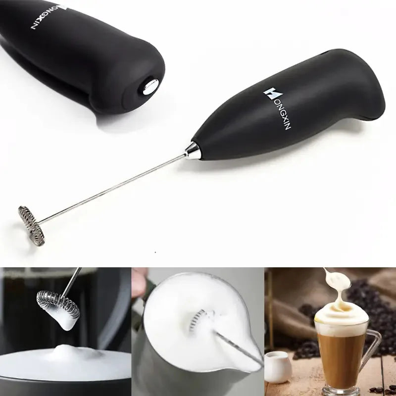 Handheld electric milk frother for whisking and mixing drinks, ideal for coffee and kitchen tasks