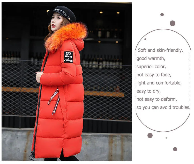 2024 Women's Down Parkas Winter Jacket Big Fur Collar Thick Slim Coat Fashion Hooded Cotton Outerwear Long Autumn Woman Jacket