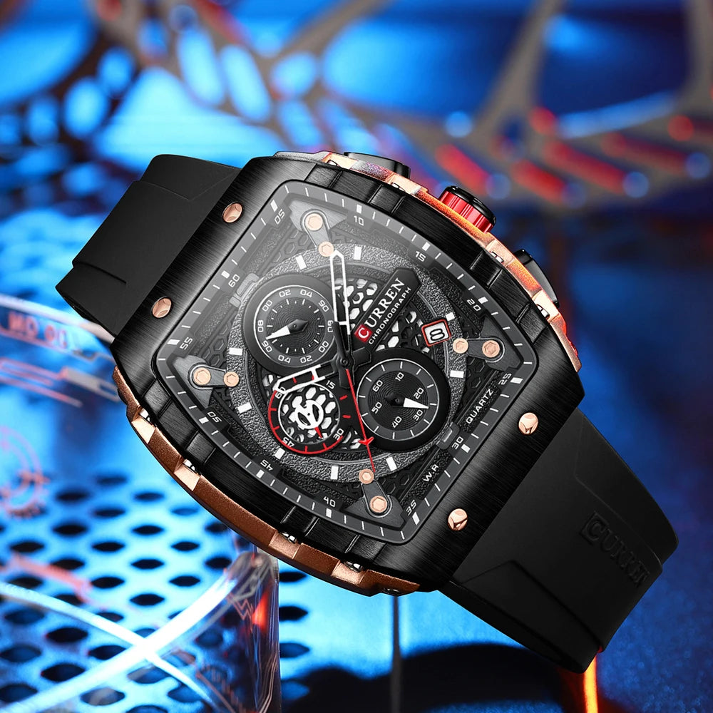 Luxury square quartz wristwatch for men with luminous chronograph and date function, waterproof