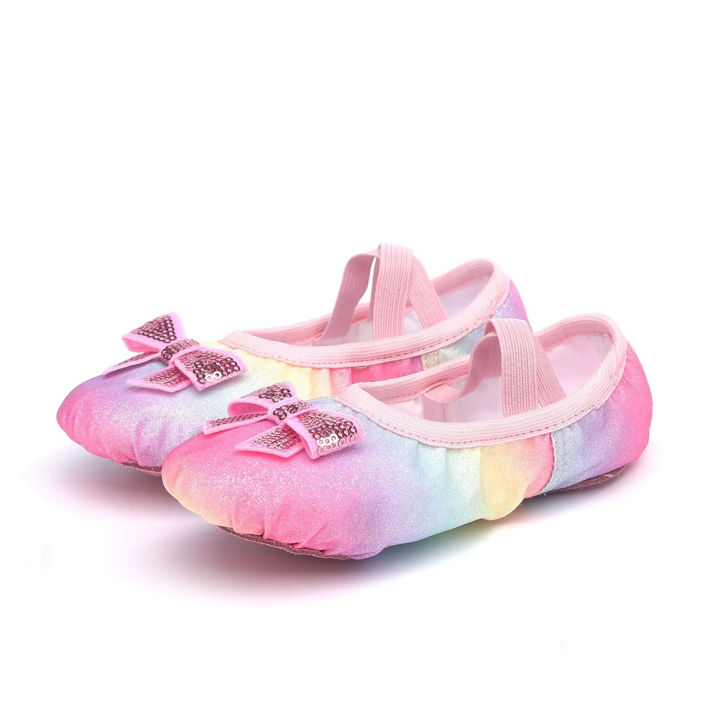 Colorful ballet shoes for girls with soft soles, featuring a shiny rainbow design, cat claw detailing, and a bow. Ideal for children's performances. Enjoy free shipping