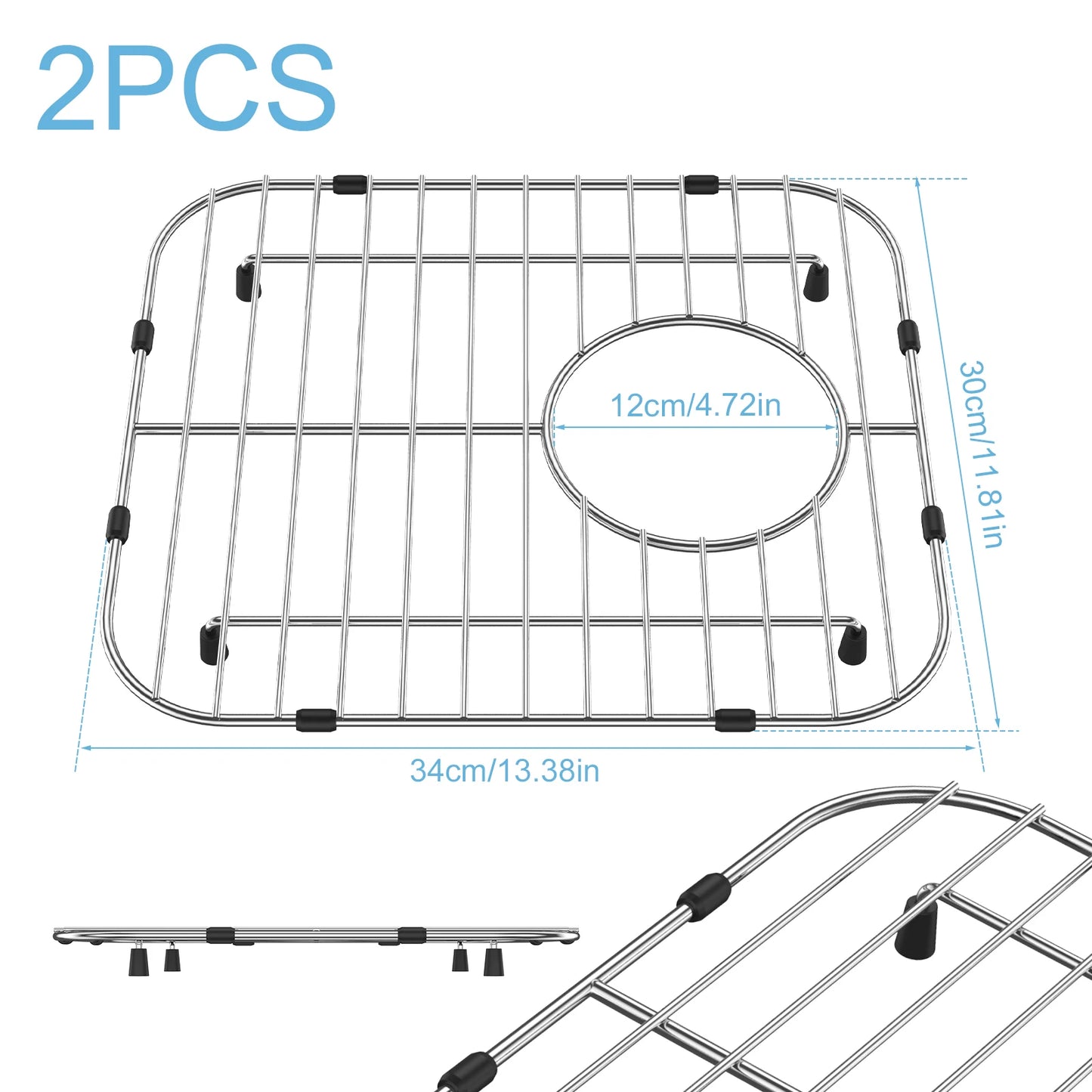 2Pcs Kitchen Sink Grid Stainless Steel Sink Protectors Double Bowl Sink Bottom Grid with R50 Corner Large Sink Protectors Grid