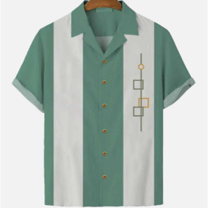 Men's Striped Elegant Blouse with Colorful Print, Ideal for Casual or Social Events. Featuring Short Sleeves and Oversized Fit, Complete with Fashionable Cufflinks