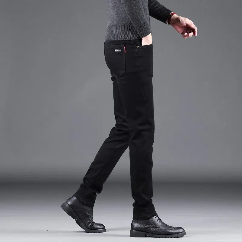 New fashion Classic black slim stretch denim trousers for men, high-quality luxury business casual jeans