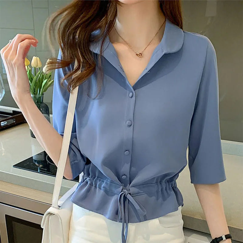 Summer Women All-match Solid Turn-down Collar Half Sleeve Chiffon Shirt Fashion Casual Shirring Single-breasted Blouses Female