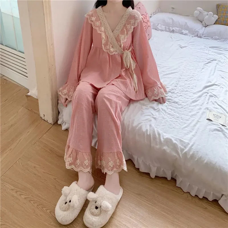 New V-neck Tied Pajama Set for Women Spring Autumn Tops Long Sleeved Pants Lace Lace Pajamas