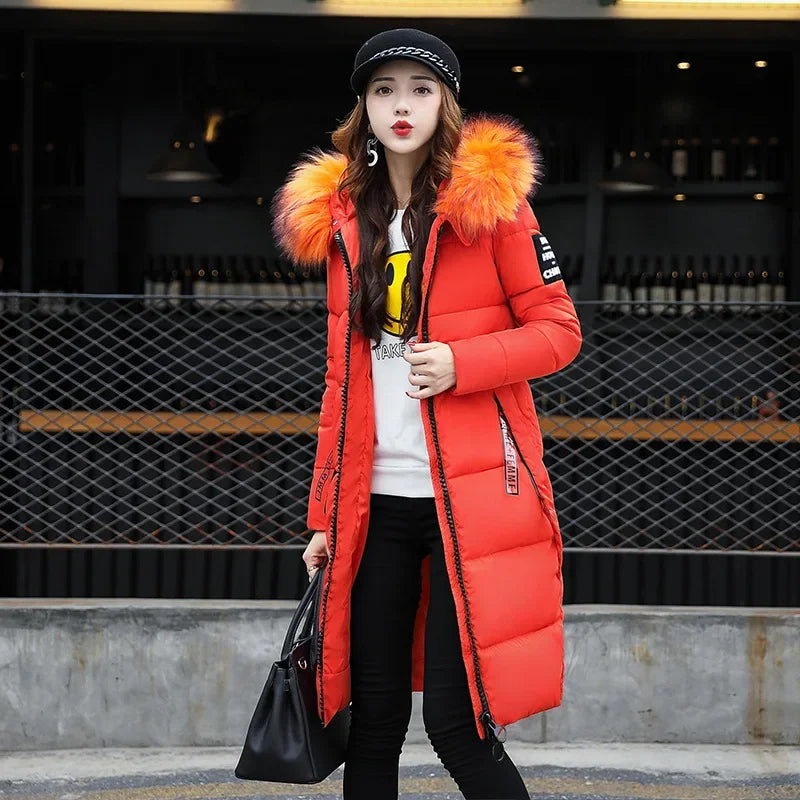 2024 Women's Down Parkas Winter Jacket Big Fur Collar Thick Slim Coat Fashion Hooded Cotton Outerwear Long Autumn Woman Jacket