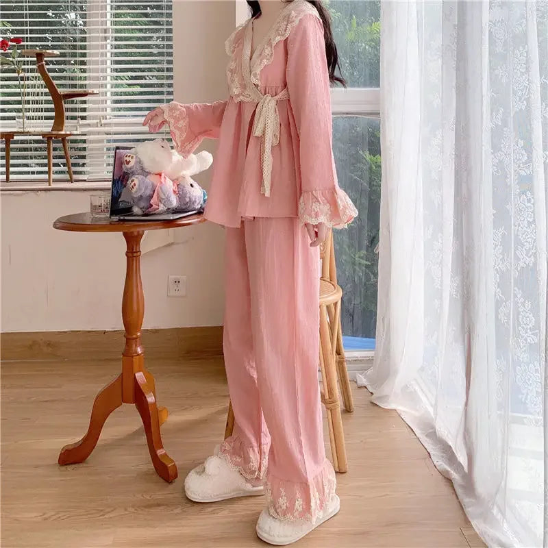 New V-neck Tied Pajama Set for Women Spring Autumn Tops Long Sleeved Pants Lace Lace Pajamas