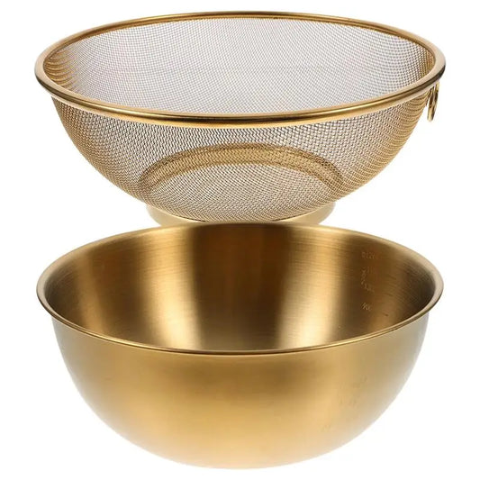 Stainless steel colander and bowl set for kitchen use. Includes colander/strainer basket and washing bowl for rice, etc