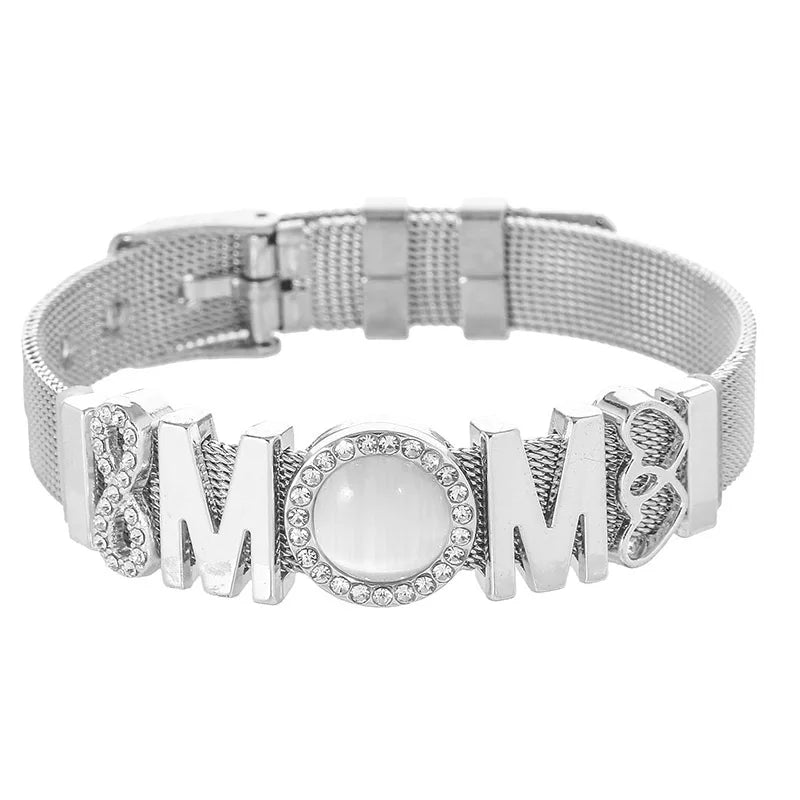 TOGORY Fashion Ladies Stainless Steel Mesh Bracelets Crystal MoM Charms Fine Bracelet Adjustable Bracelet for Mother's Day Gifts