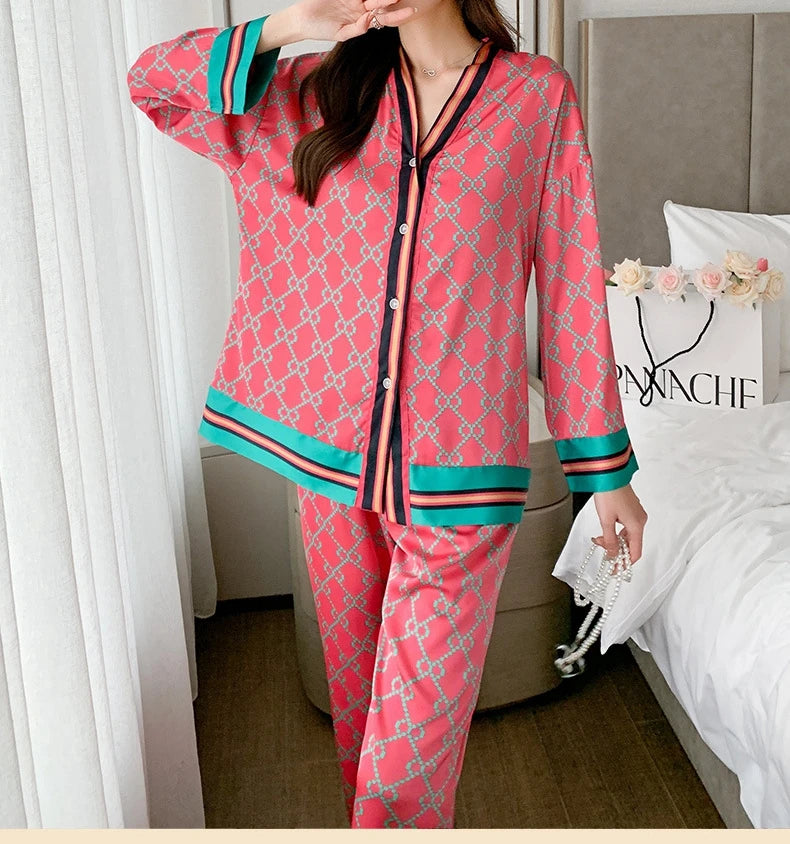 Ladies Pajamas Spring Autumn Faux Silk Pajama Sets Long Sleeve Cardigan Sleepwear Luxury Women's Pijamas Fashion Pyjamas