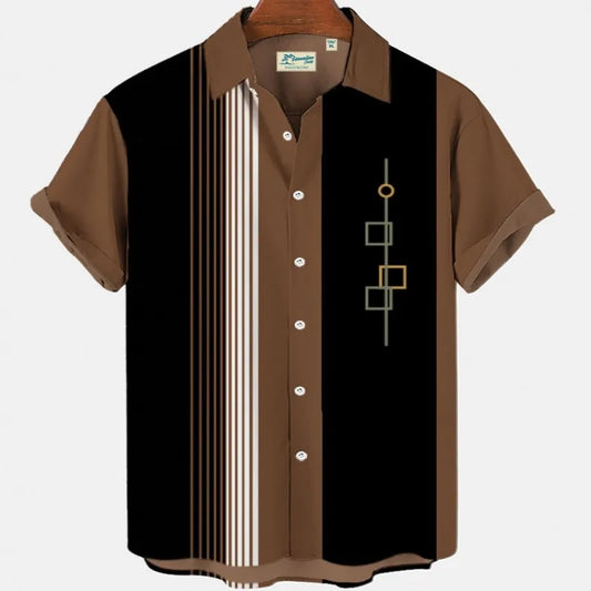 Men's Striped Elegant Blouse with Colorful Print, Ideal for Casual or Social Events. Featuring Short Sleeves and Oversized Fit, Complete with Fashionable Cufflinks