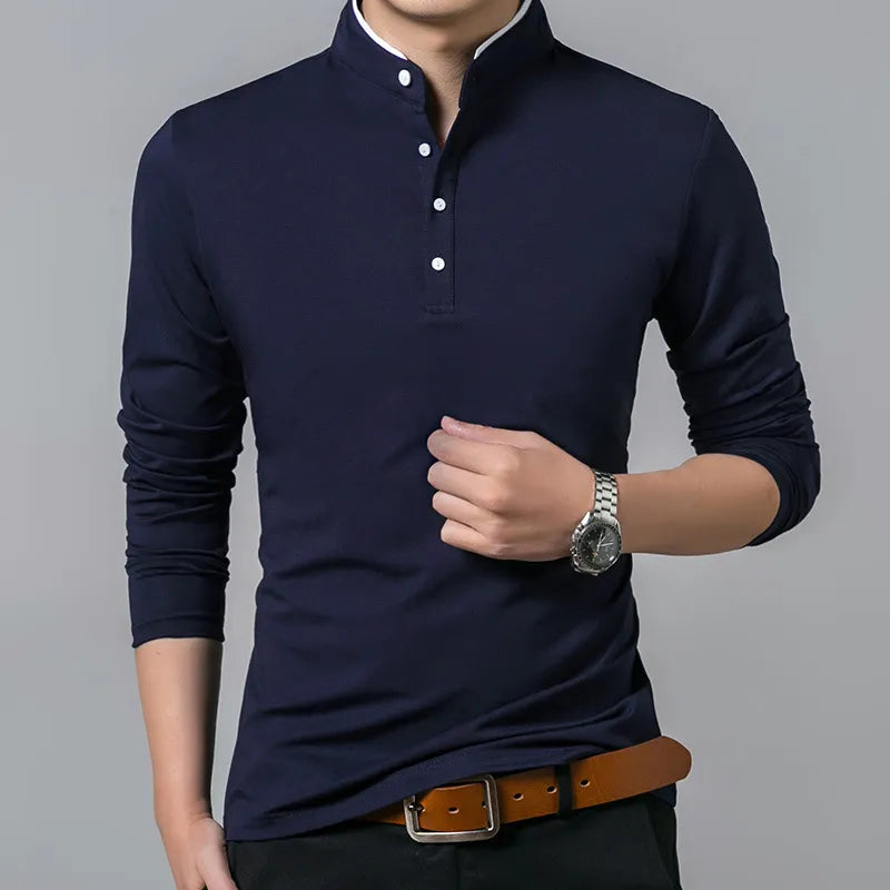 Men's Business Casual Polo Long Sleeve Shirt: Summer Comfortable and Breathable Solid Cotton Top