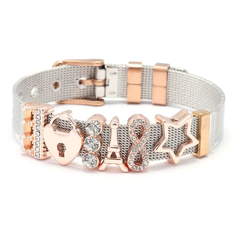 TOGORY Fashion Ladies Stainless Steel Mesh Bracelets Crystal MoM Charms Fine Bracelet Adjustable Bracelet for Mother's Day Gifts