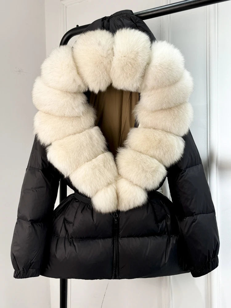 Janveny 2024 Winter Puffer Jacket Women Real Fox Fur Hooded Thick Warm 90% White Duck Down Coat Female Parkas Waterproof