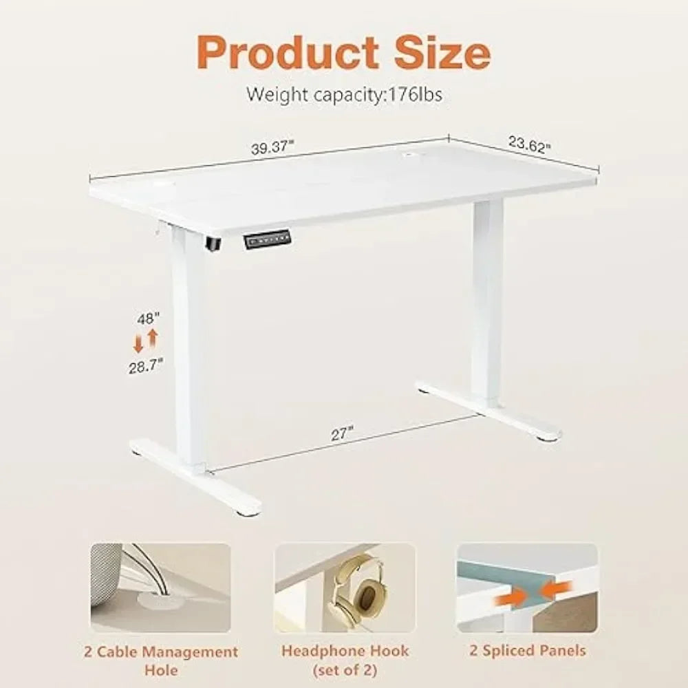 Electric Standing Desk - 40 x 24 inch Adjustable Height Sit to Stand Up Desk with Splice Board, Rising Home Office ComputerWhite